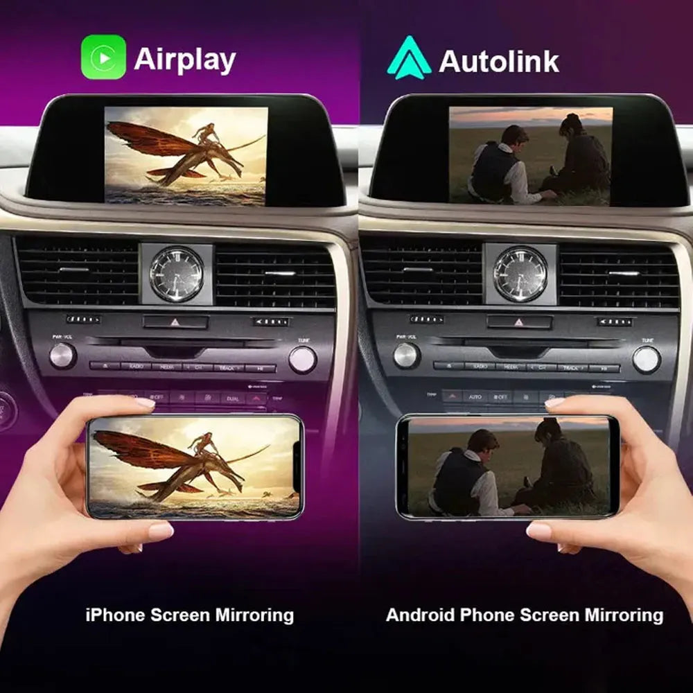 Side-by-side comparison showcasing the screen mirroring feature on a Lexus dashboard. The left side highlights Apple "Airplay" for iPhone Screen Mirroring, showing a movie playing synchronously on both the phone and the car display. The right side highlights "Autolink" for Android Phone Screen Mirroring, displaying another video synced across both screens.