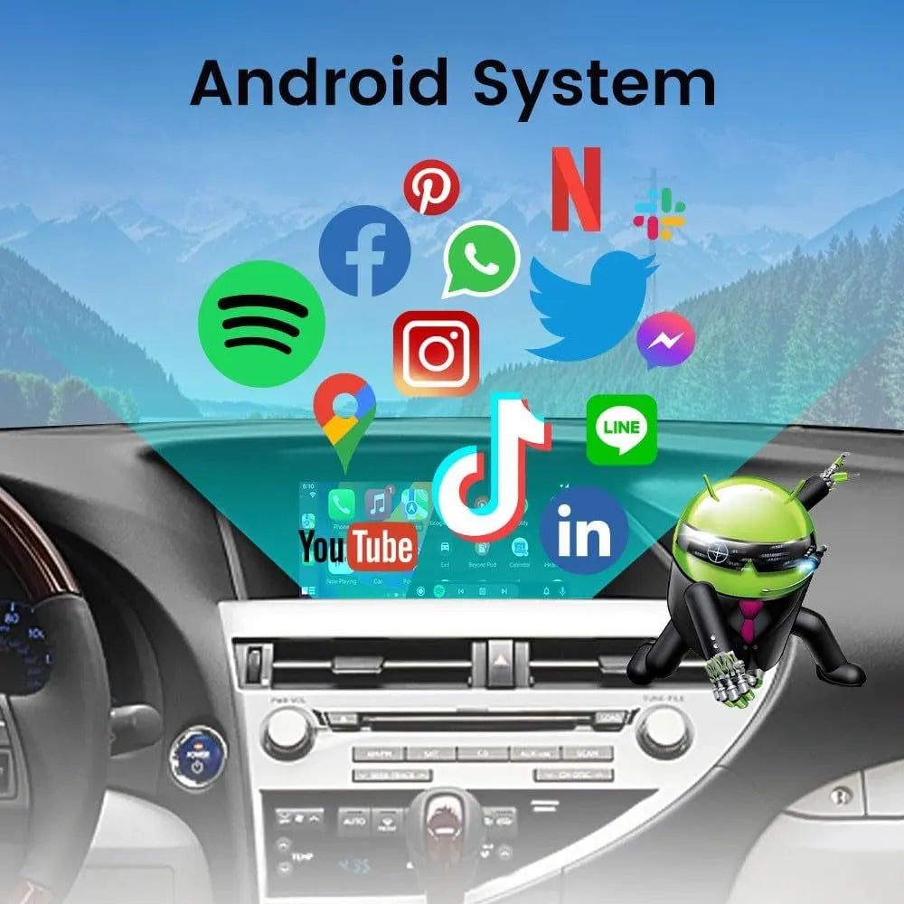 Lexus RX smart head unit running Android system with access to Google Play Store apps like YouTube, Spotify, and Netflix.