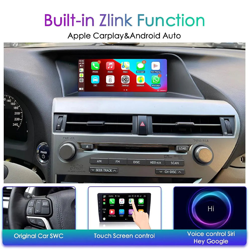 Lexus RX series head unit with built-in Apple CarPlay, steering wheel control, and Siri voice command support.