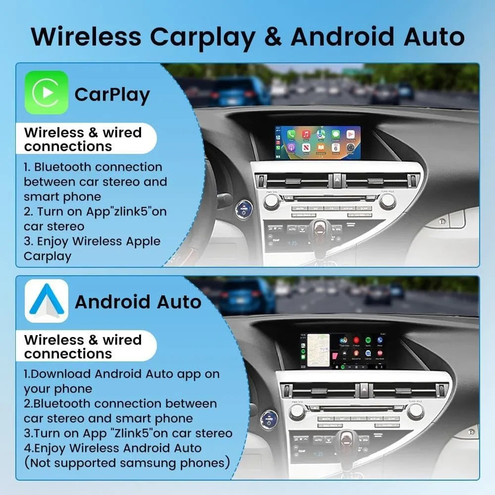 Connection guide for wireless Apple CarPlay and Android Auto via Zlink5 app on Lexus RX series car stereo.