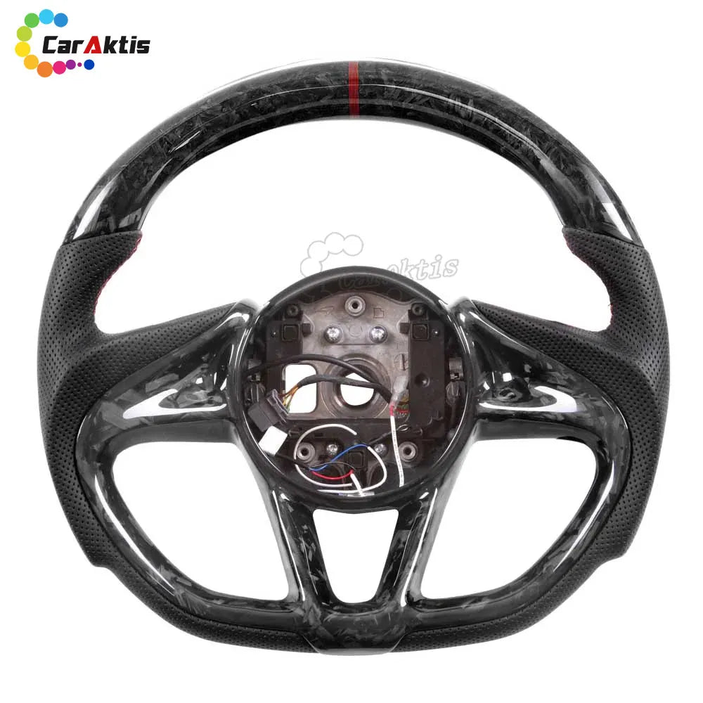 Unique forged carbon fiber steering wheel for McLaren 720S with perforated leather and red center ring.