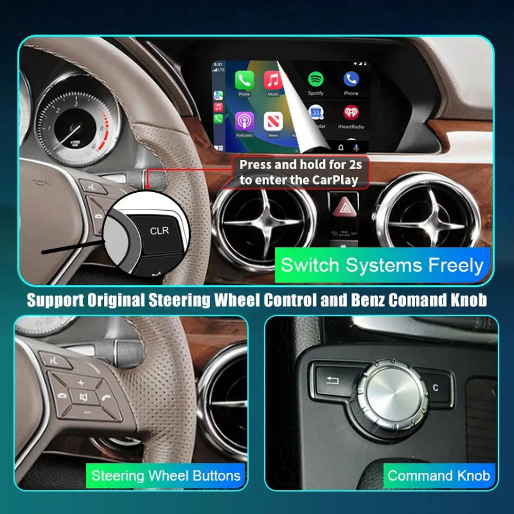 Close-up of Mercedes Benz factory steering wheel buttons and Comand console knob used to control the retrofitted CarPlay system.