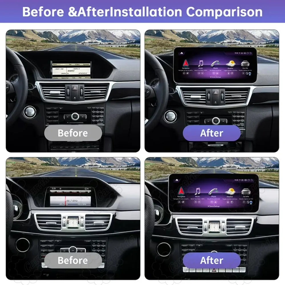 Before and after installation comparison of upgrading original Mercedes Benz E Class dashboard display to 12.3 inch Android screen
