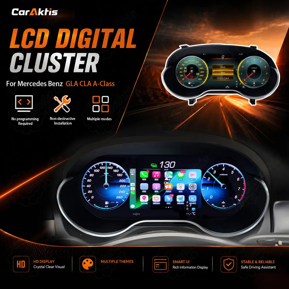 12.3 inch digital LCD instrument cluster speedometer dashboard upgrade for Mercedes Benz A Class CLA GLA 2013-2019 NTG 4.5 5.0 featuring HD display, multiple themes, and non-destructive installation