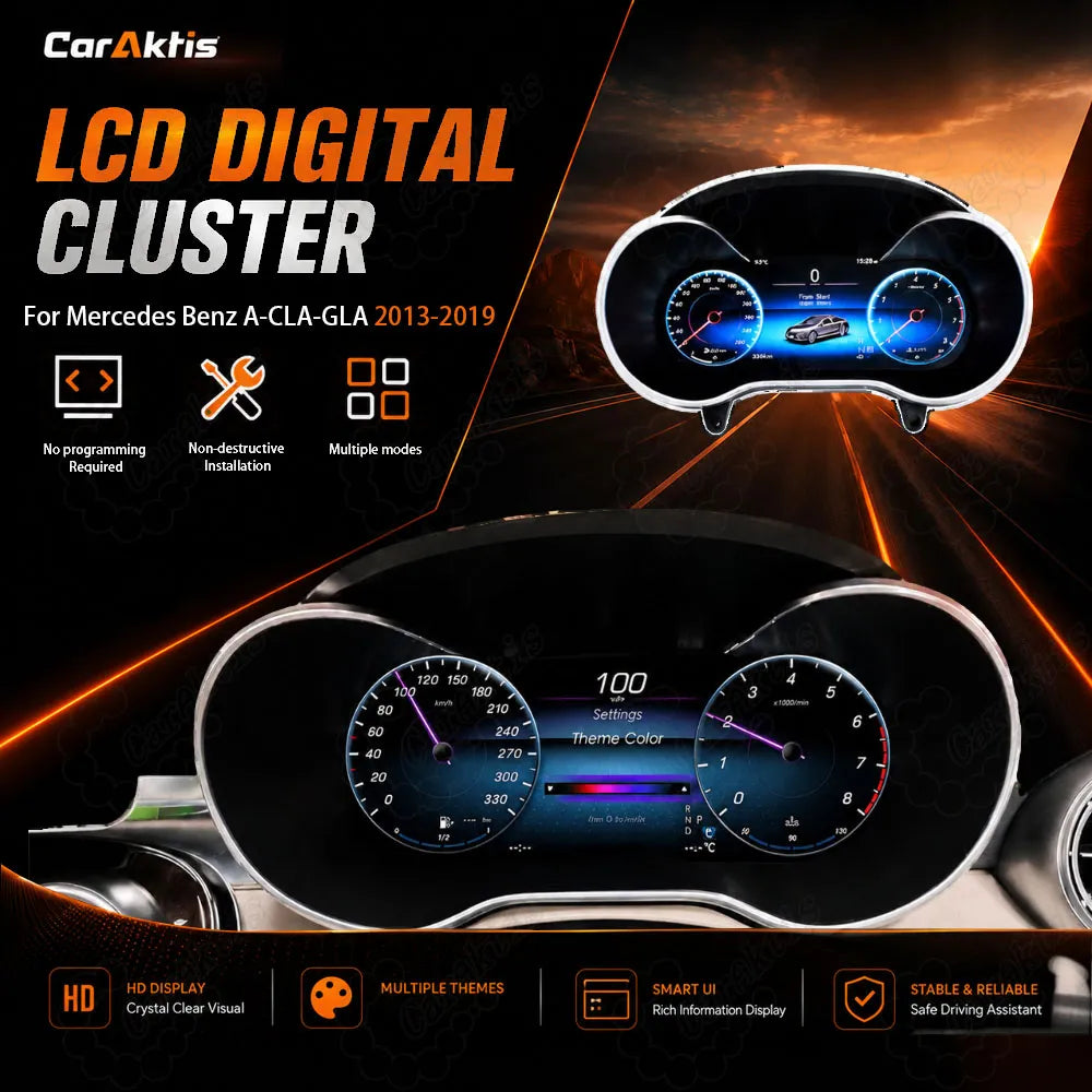12.3 inch digital LCD instrument cluster speedometer dashboard upgrade for Mercedes Benz A Class CLA GLA 2013-2019 NTG 4.5 5.0 featuring HD display, multiple themes, and non-destructive installation