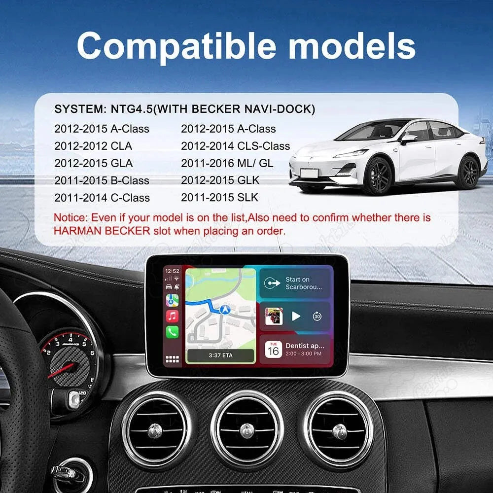 Compatibility list for NTG 4.5 Becker Navi-Dock system including A-Class, CLA, GLA, B-Class, C-Class, CLS, ML, GL, GLK, and SLK 2011-2016.
