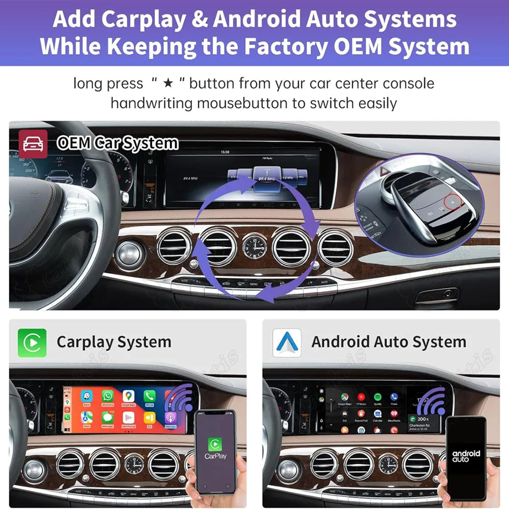Infographic showing how to switch from Mercedes factory OEM system to CarPlay or Android Auto by long pressing the star button on center console.