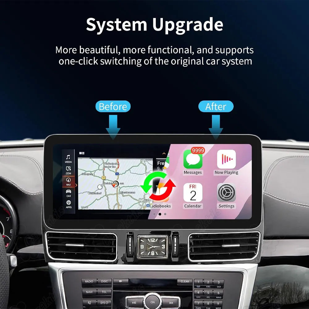 System upgrade display showing one-click switching between original Mercedes Benz OEM navigation and modern Apple CarPlay interface