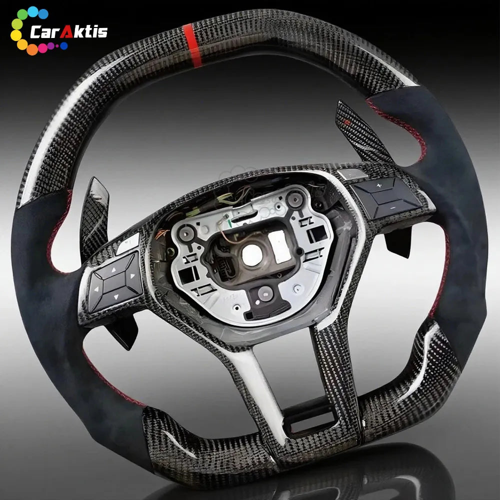 High-performance carbon fiber and Alcantara steering wheel for Mercedes W204 W212 with paddle shifters.