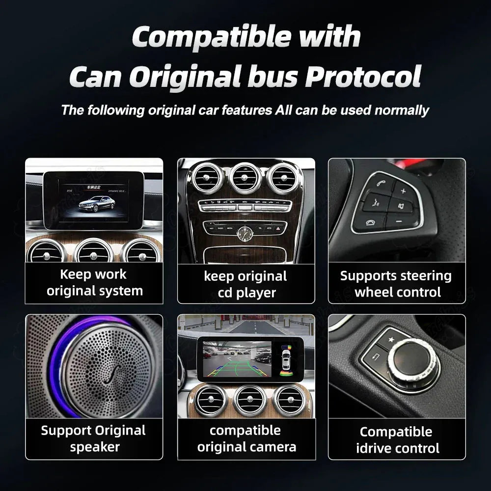Feature breakdown highlighting full compatibility with Mercedes original system, CD player, steering wheel controls, factory speaker, reverse camera, and central command controller.