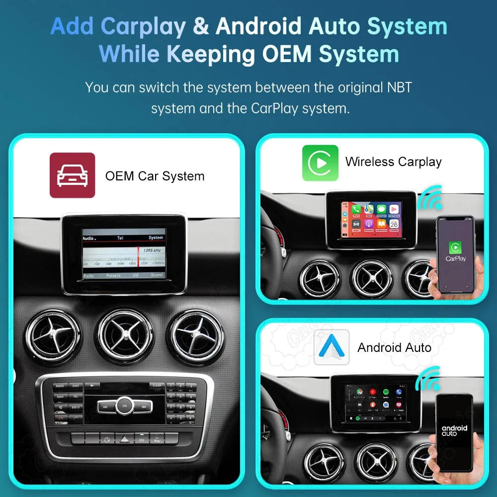 Wireless CarPlay and Android Auto system upgrade for Mercedes-Benz, showing seamless switching between the original OEM radio system and the new smart dashboard interface.