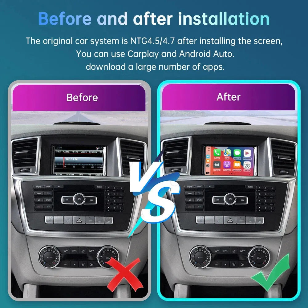 Before and after installation comparison of Mercedes NTG 4.5 radio screen upgraded to full wireless Apple CarPlay and Android Auto system with modern application icons.