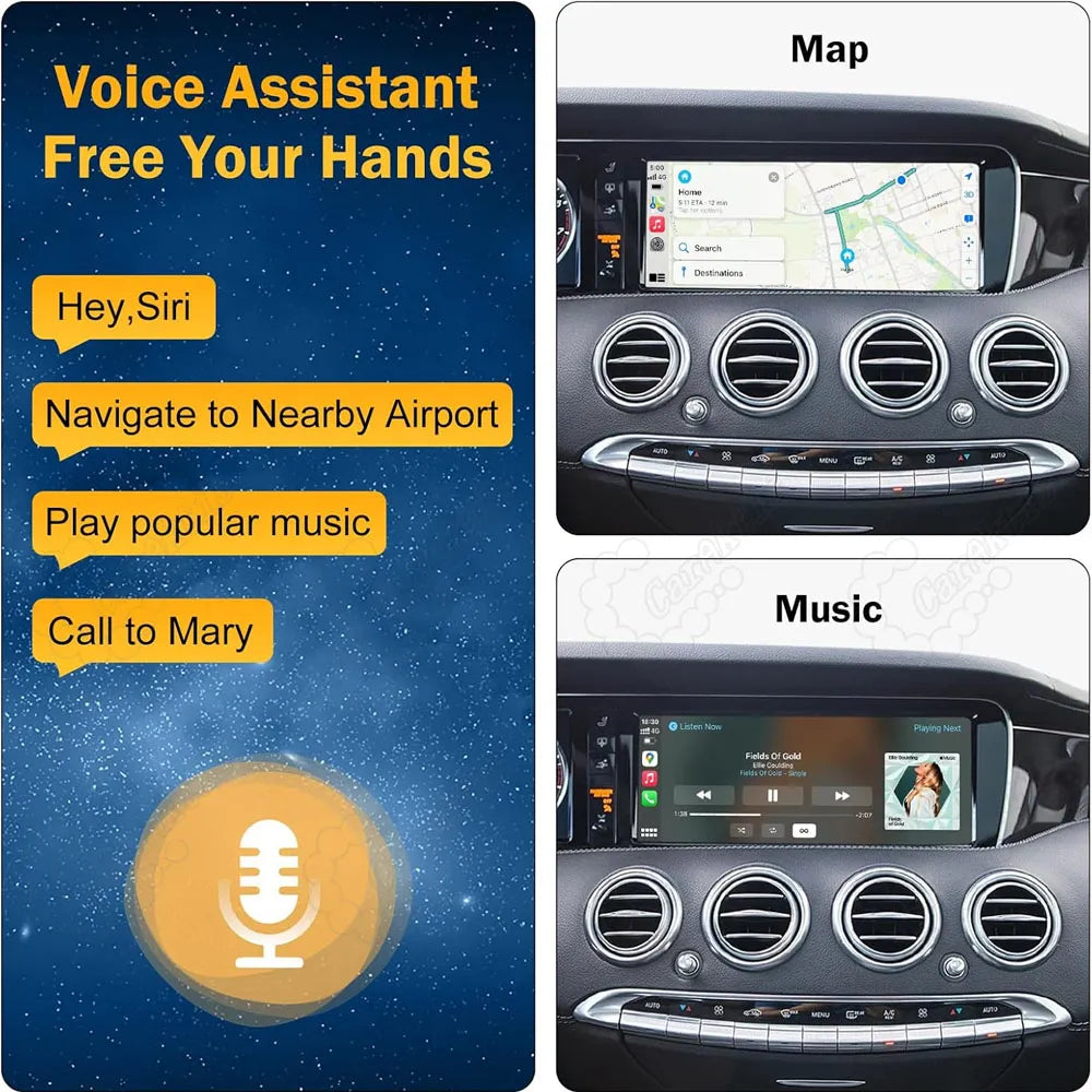 Voice assistant features showing Siri hands-free controls for maps navigation and mobile music playback on Mercedes benz dashboard screen.