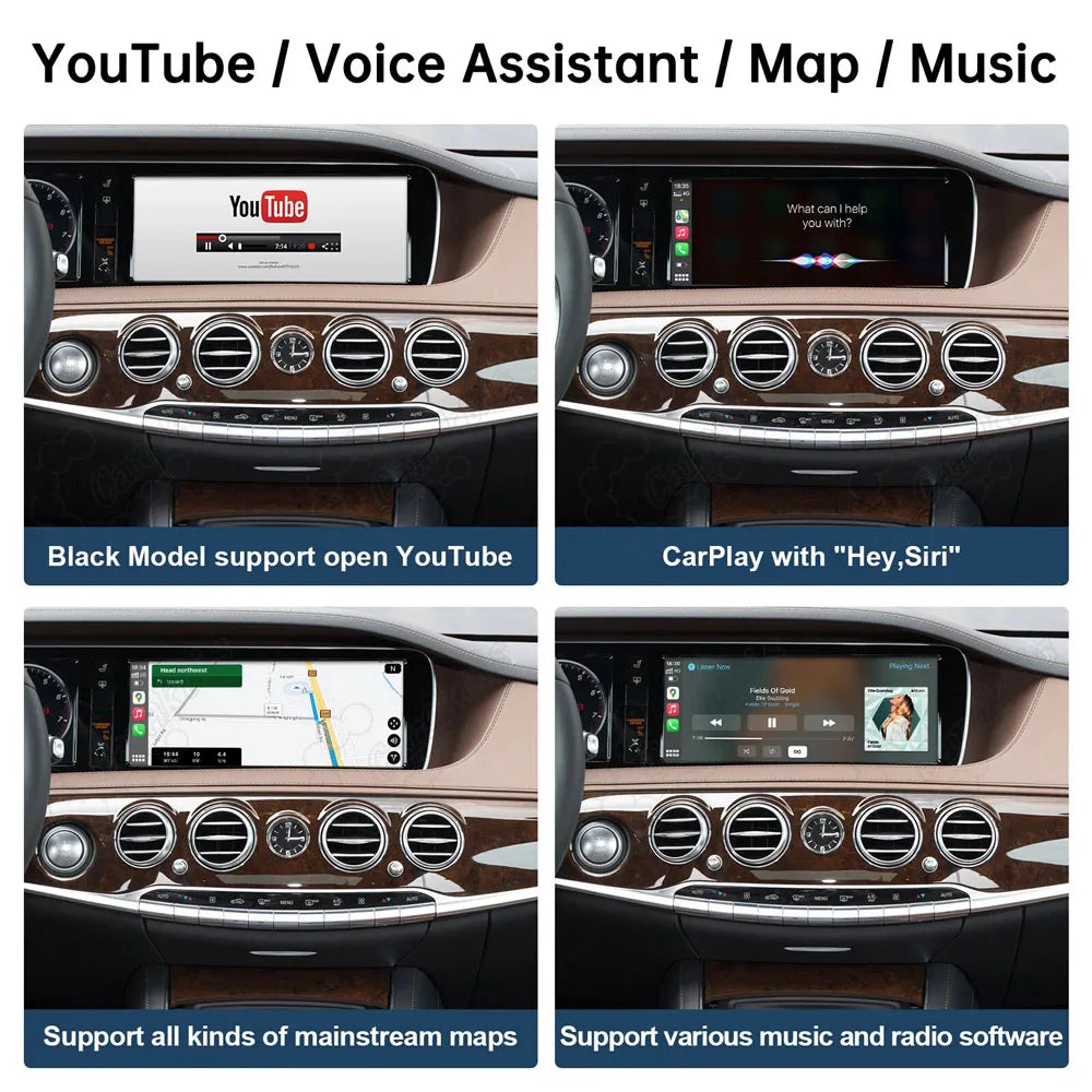 Four-panel layout showcasing YouTube playback, Siri voice control integration, GPS maps navigation, and music streaming software support.