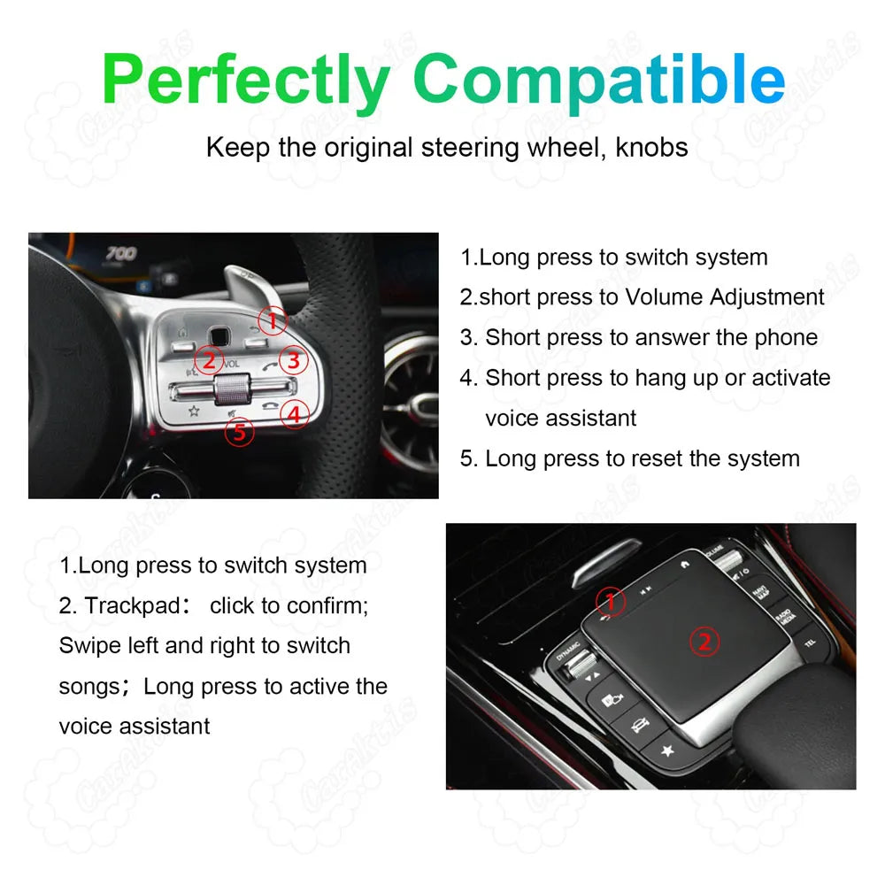 Compatibility guide showing original Mercedes steering wheel buttons and center console trackpad controls for CarPlay system.