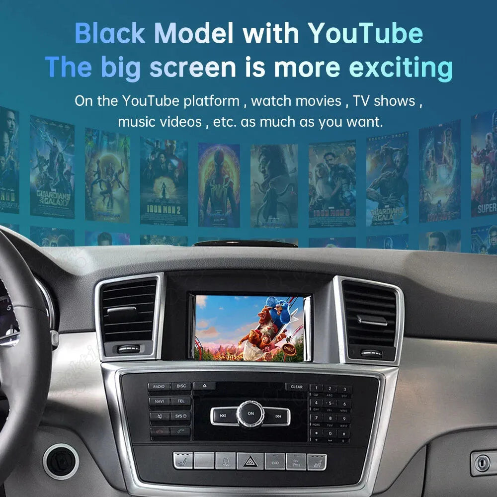 Mercedes-Benz factory dashboard screen streaming movies via the YouTube platform, highlighting the upgraded online video entertainment function.