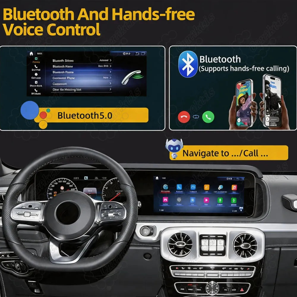 Mercedes-Benz G-Class W464 dashboard display showing Bluetooth 5.0 hands-free calling and smart voice control navigation.