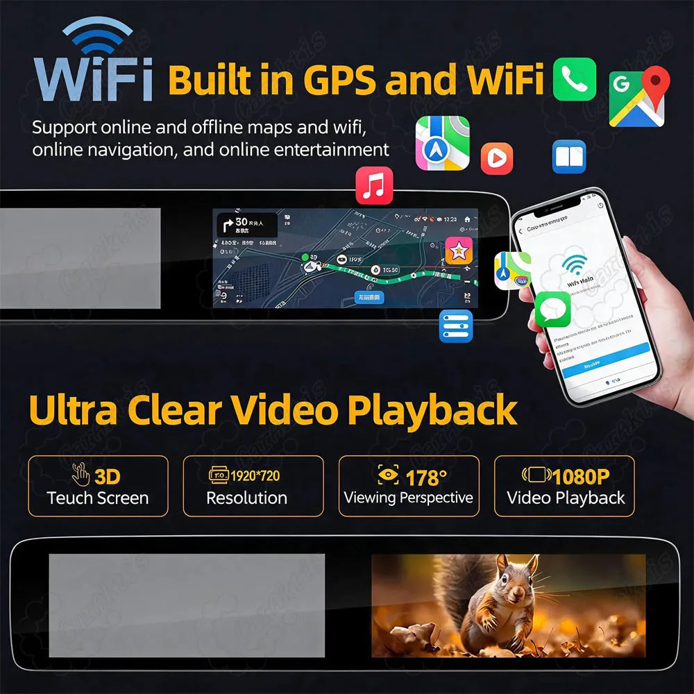 Mercedes-Benz G-Class Android 12.3-inch touchscreen featuring 1920x720 HD resolution, 178-degree viewing angle, 1080P video playback, and built-in GPS with Wi-Fi.