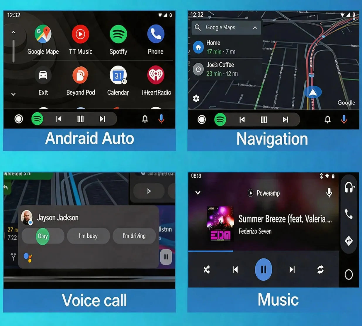 Android Auto features on Mercedes Benz screen including Google Maps GPS navigation, music interface, and voice calls.