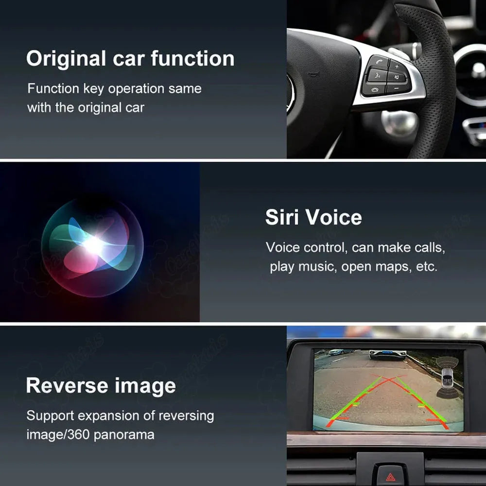 Mercedes upgrade features showing original steering wheel button operations, Apple Siri voice control activation, and reverse parking camera expansion.