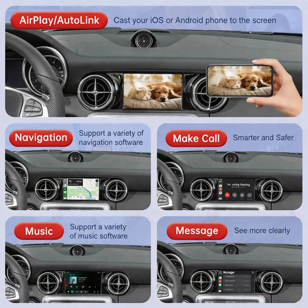 Multi panel view showcasing AirPlay screen mirroring, GPS navigation maps, hands free calling, and music streaming software on Mercedes monitor.