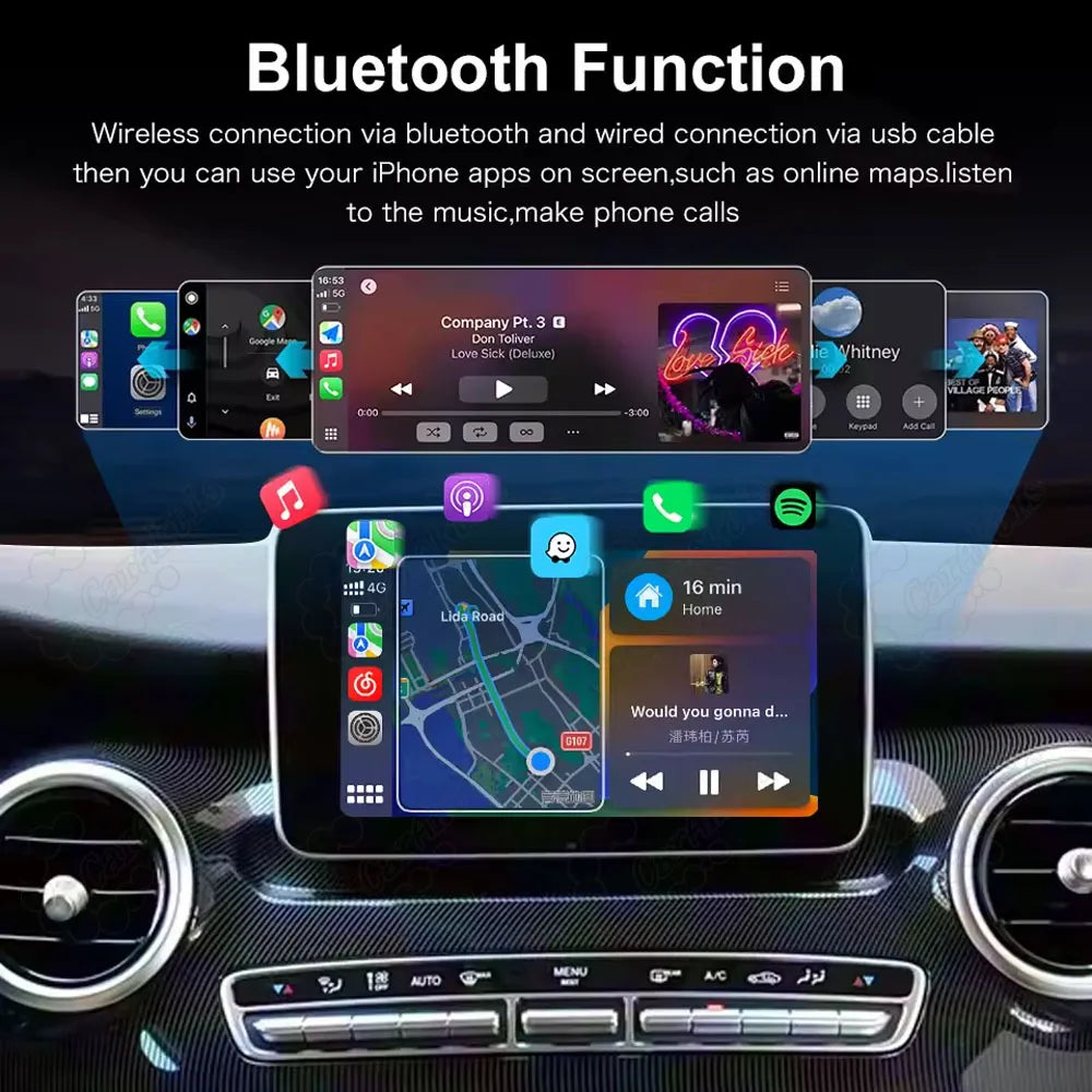 Bluetooth and USB cable connection interface enabling iPhone apps, online music streaming, and maps navigation on the vehicle head unit.