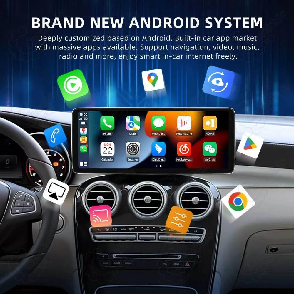 Brand new Android system interface for Mercedes-Benz W205 C/GLC Class 12.3-inch screen upgrade, showing built-in car app market for massive navigation, video, and music app downloads.
