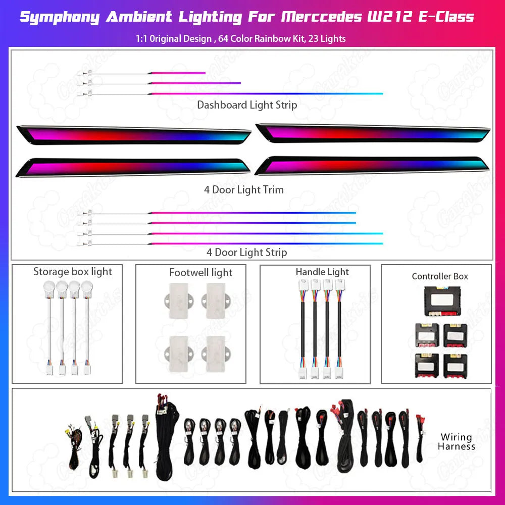 CarAktis Mercedes W212 ambient lighting kit package contents, including lighting components, wiring harnesses, controller, and included accessories.