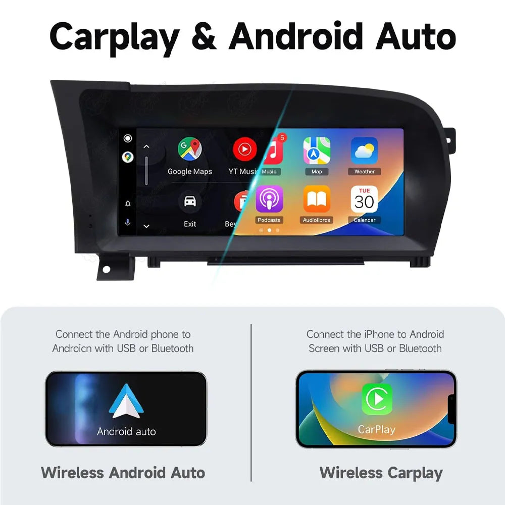 Wireless Apple CarPlay and Wireless Android Auto features on 10.25 inch head unit for Mercedes Benz S Class W221