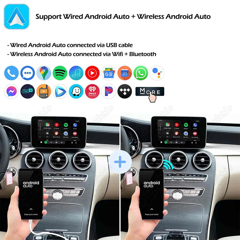 Guide to connecting wired and wireless Android Auto on Mercedes Benz center console using a smartphone with USB cable or Wi-Fi.