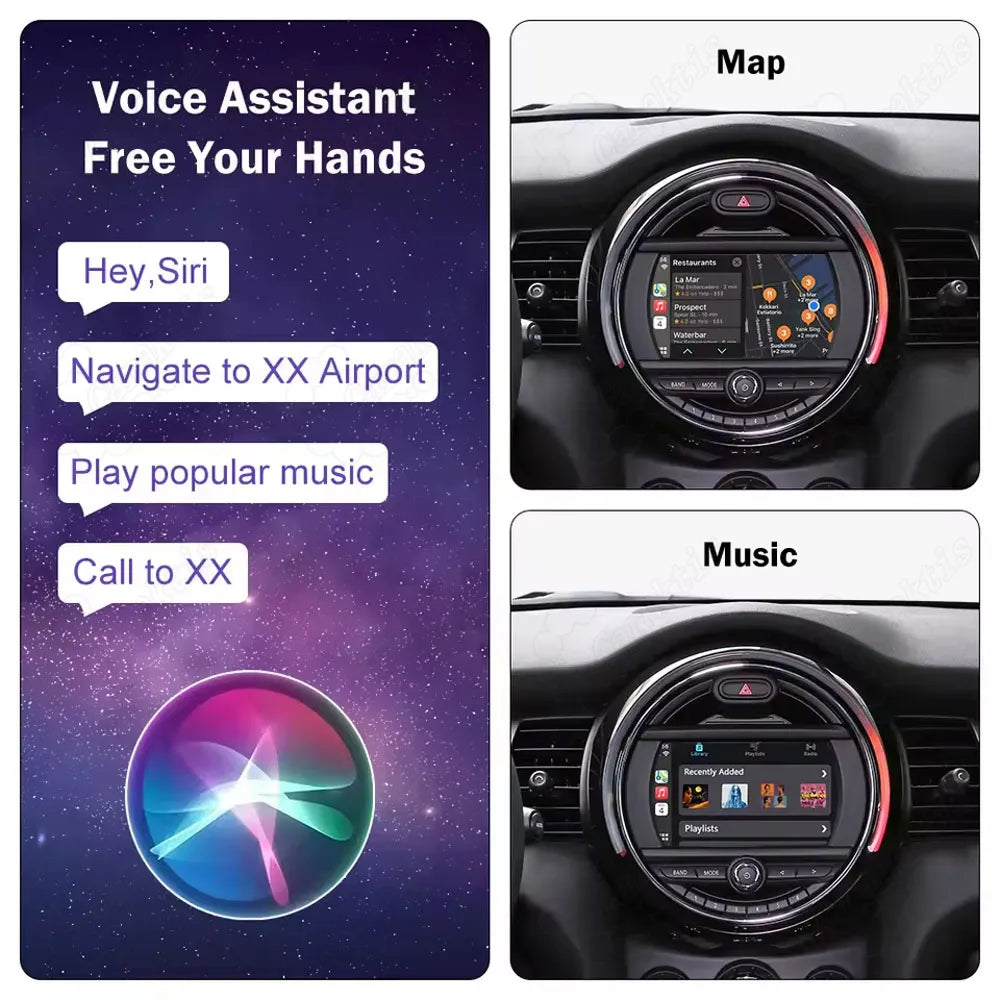 Hands-free Siri voice assistant interface displaying map navigation, music playback, and calling functions on a MINI Cooper screen.