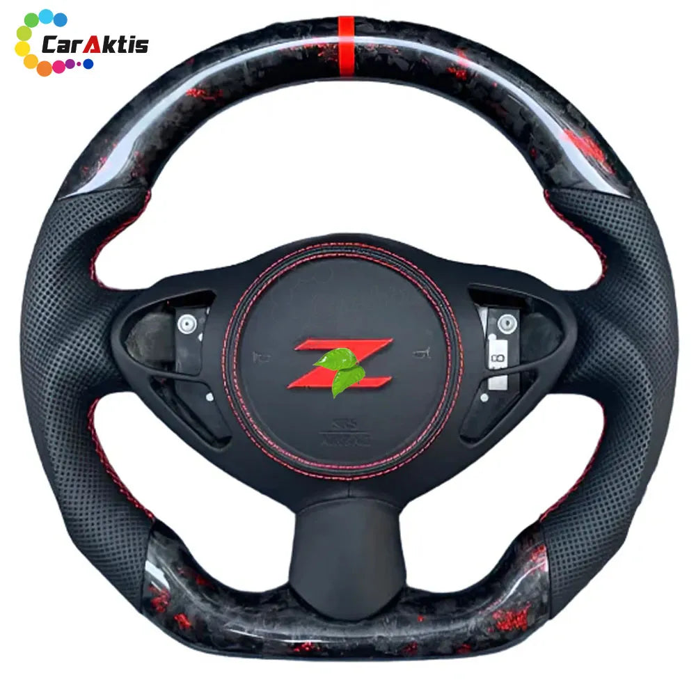 Forged carbon fiber steering wheel for Nissan 370Z with red flake accents, red center stripe, and red stitching.