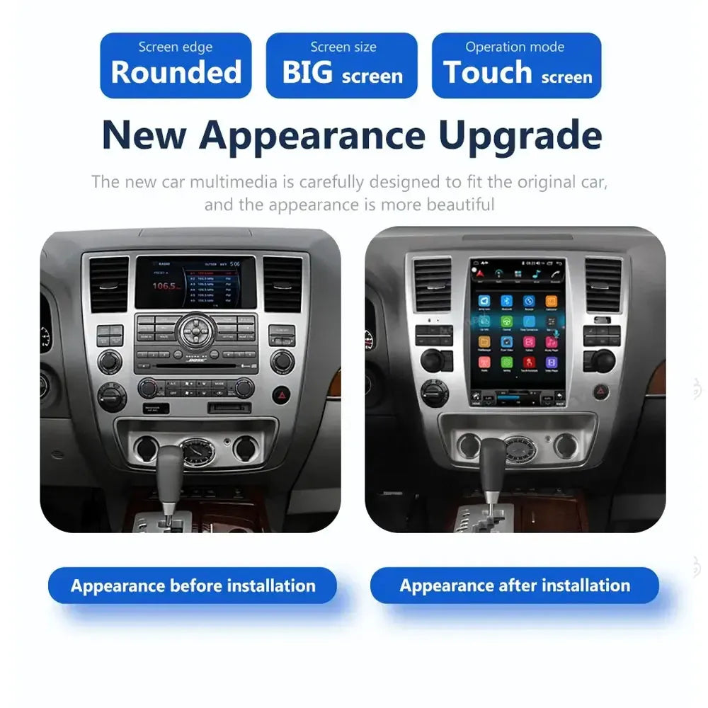 Before and after installation comparison of 12.1-inch big touch screen car multimedia player for Nissan Armada and Infiniti QX56.