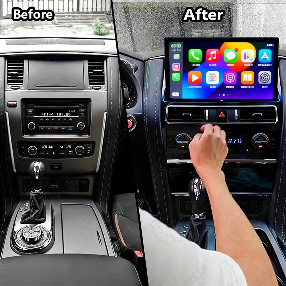 Before and after installation comparison of 13.3 inch touch screen upgrade for Nissan Patrol Armada Y62