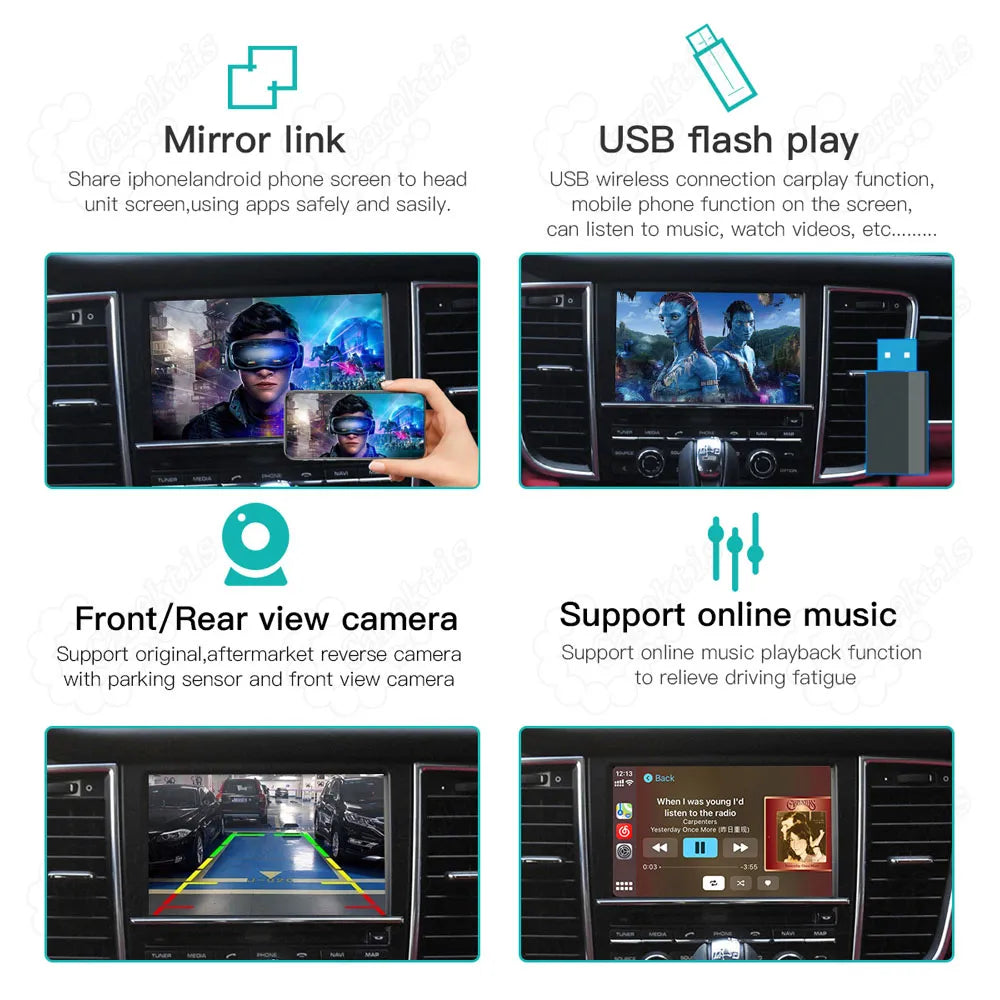 Porsche CarPlay box features including mirror link, USB flash play, front and rear view backup camera support, and online music.
