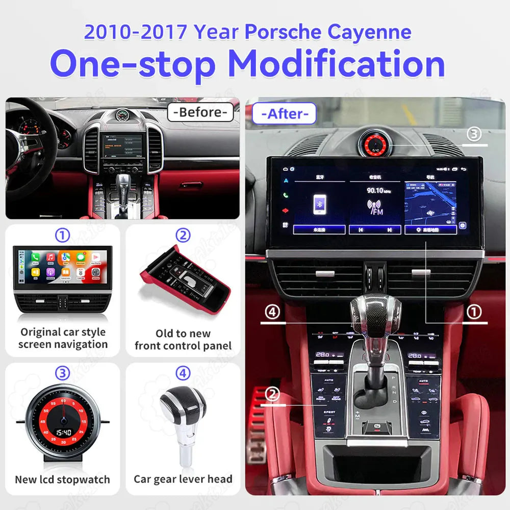 Comparison and feature summary of Porsche Cayenne interior upgrade: from factory radio to 12.3-inch Android head unit with Wireless CarPlay, GPS, and DSP.