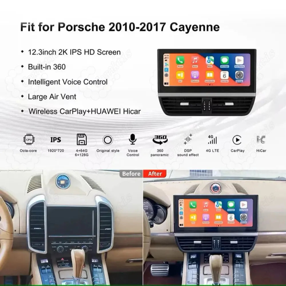 Before and after installation comparison: replacing the small 7-inch factory radio with a premium 12.3-inch Android widescreen display in a Porsche Cayenne 2010-2017.