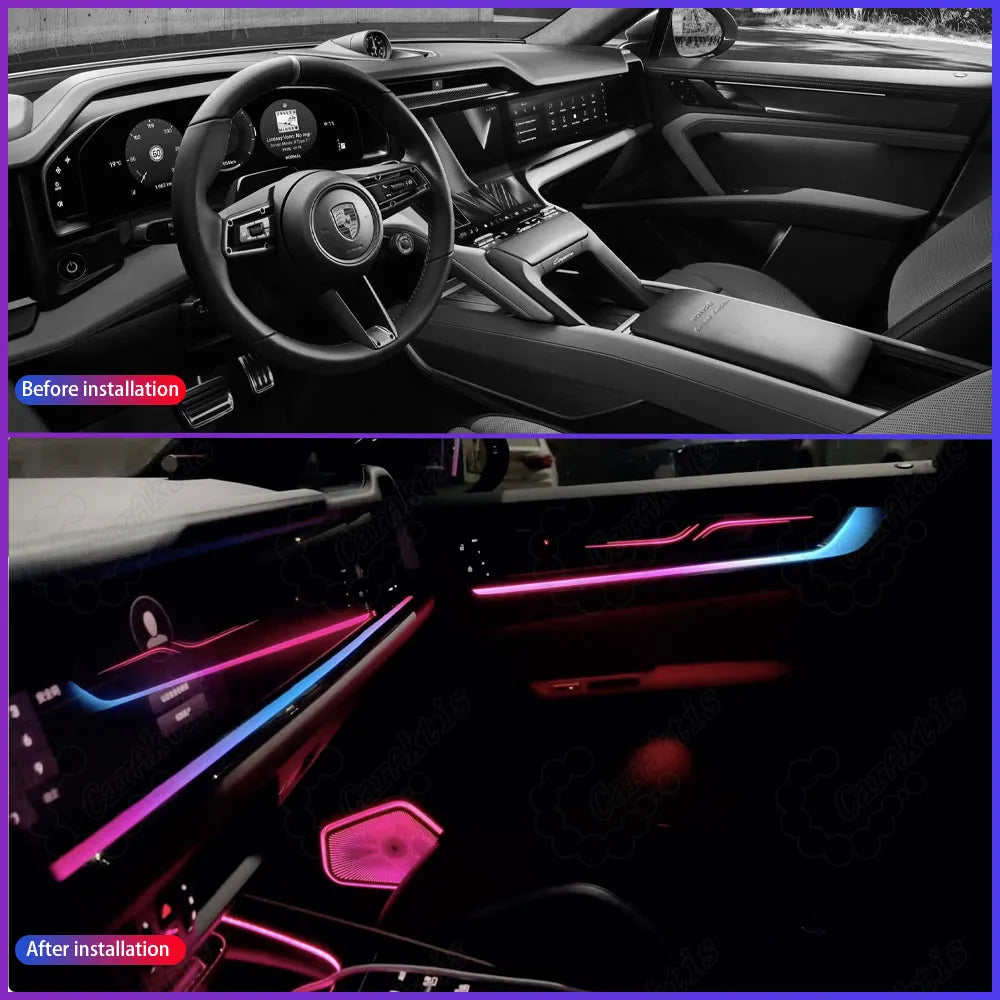 Side-by-side before and after installation comparison of Porsche Cayenne (2024-2026) interior, showcasing the dramatic upgrade from dim factory cabin to premium dynamic LED symphony ambient lighting.