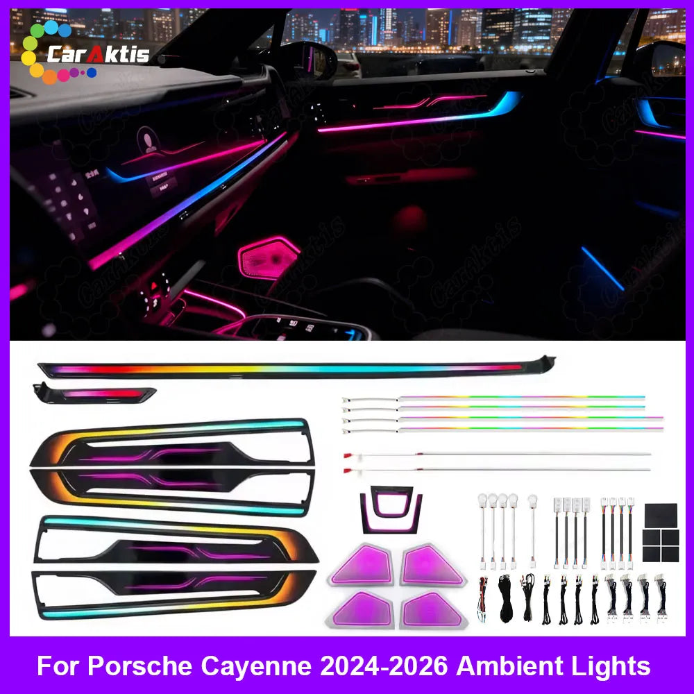 Dynamic symphony LED ambient lighting kit illuminated inside a 2025 Porsche Cayenne cabin, showing multi-color flowing effects on dashboard and doors.