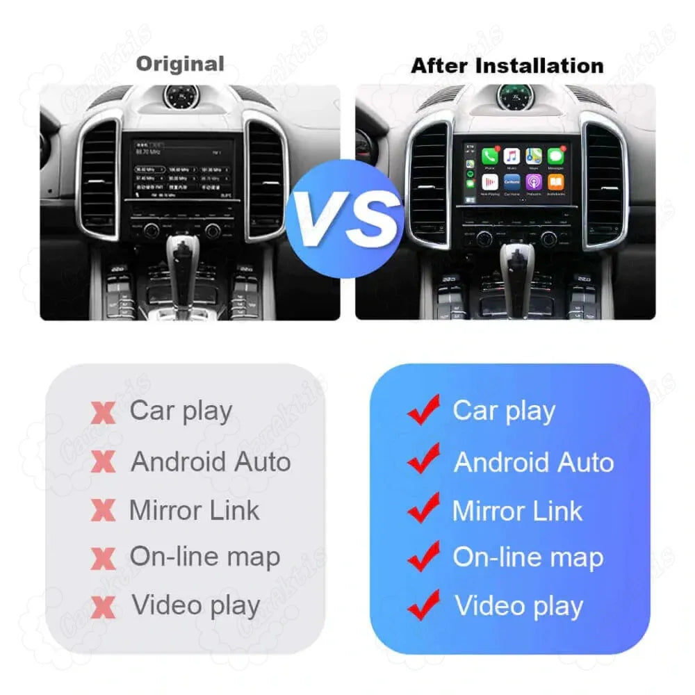Before and after installation comparison of Porsche factory radio screen upgrading to Apple CarPlay and Android Auto.