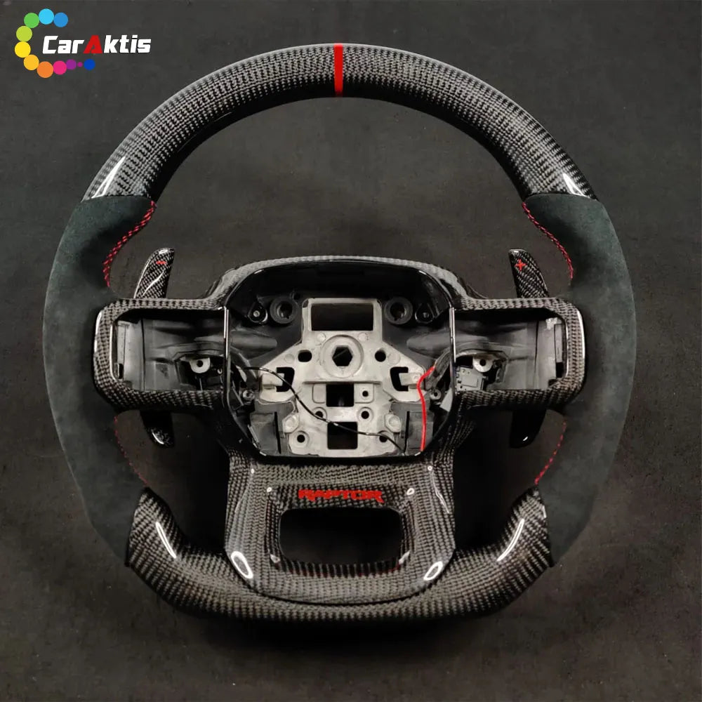 RAM 1500/2500 HD Custom Steering Wheel - Carbon Fiber & Alcantara with Red Center Stripe.