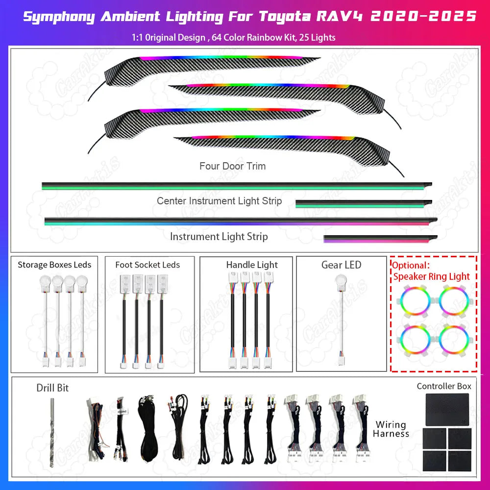 Complete ambient lighting kit for Toyota RAV4 with wiring and control module