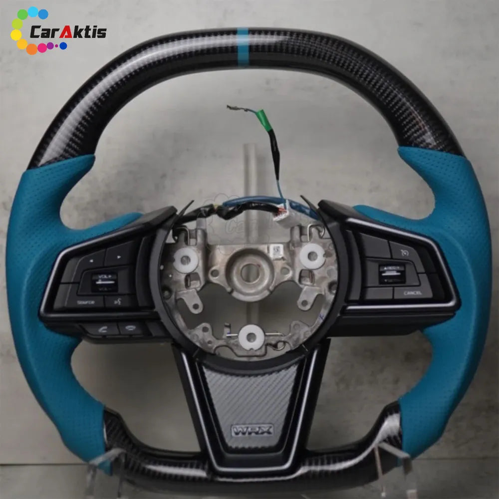 Custom Carbon Fiber Steering Wheel with Teal Blue Perforated Leather and Blue Center Line for 2022+ Subaru WRX.