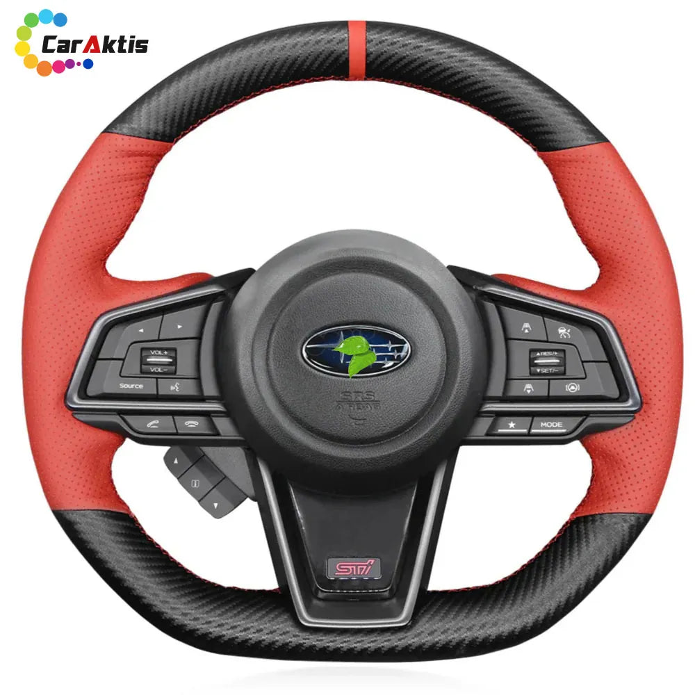 High-Performance Carbon Fiber Steering Wheel with Matte Red Perforated Leather for Subaru WRX STI 2022-2026.