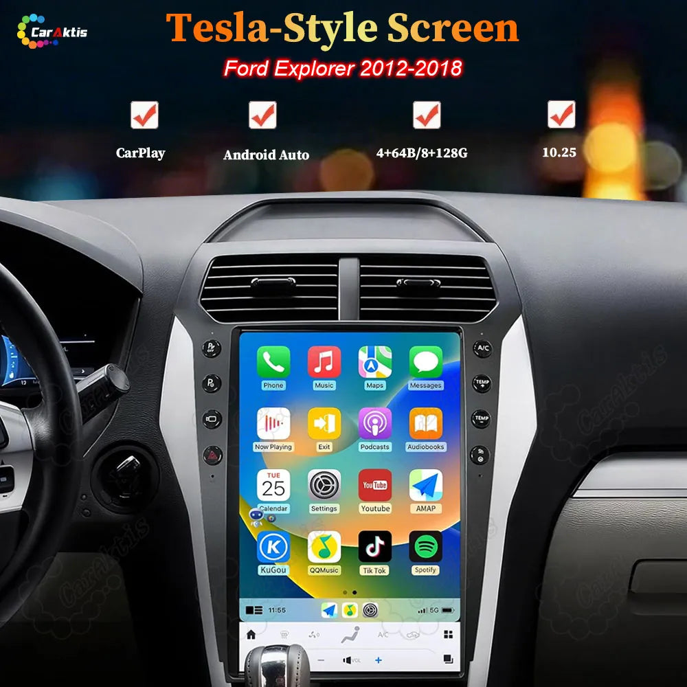 Installed Tesla-style vertical Android touchscreen car stereo showing smart app menu.