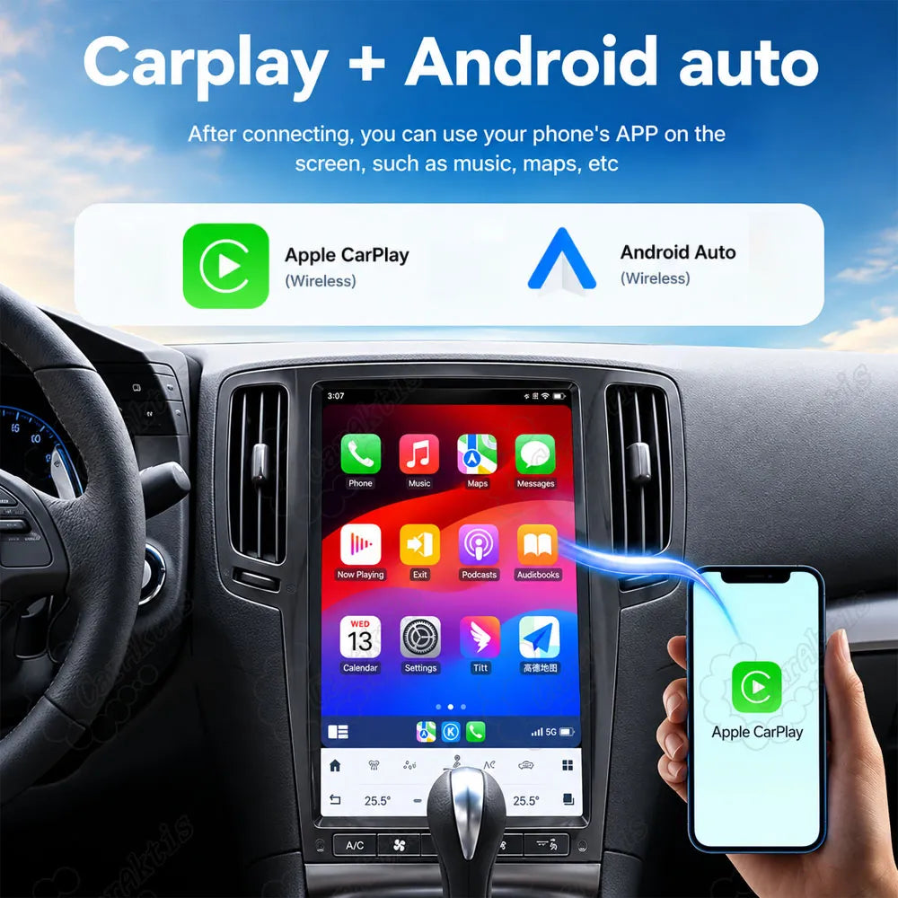Wireless Apple CarPlay and Android Auto integration on Tesla style vertical touchscreen car stereo