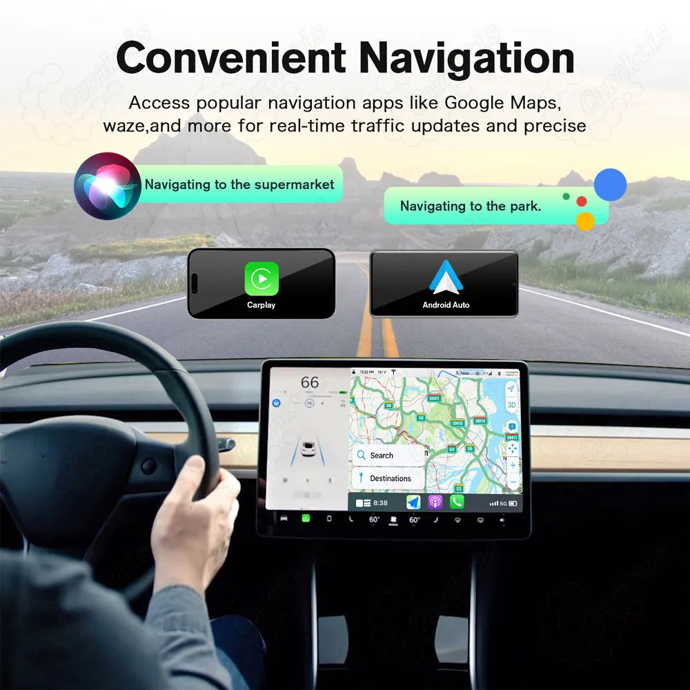 Convenient real-time GPS navigation using Google Maps and Waze via wireless CarPlay and Android Auto on Tesla dashboard.