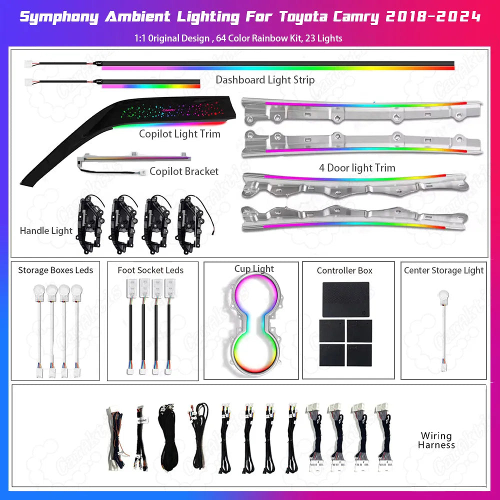 64-color dynamic streamer ambient light kit for Toyota Camry 2018-2024 (8th Gen), starry sky style with 23 light sources, laser-carved car interior atmosphere lighting