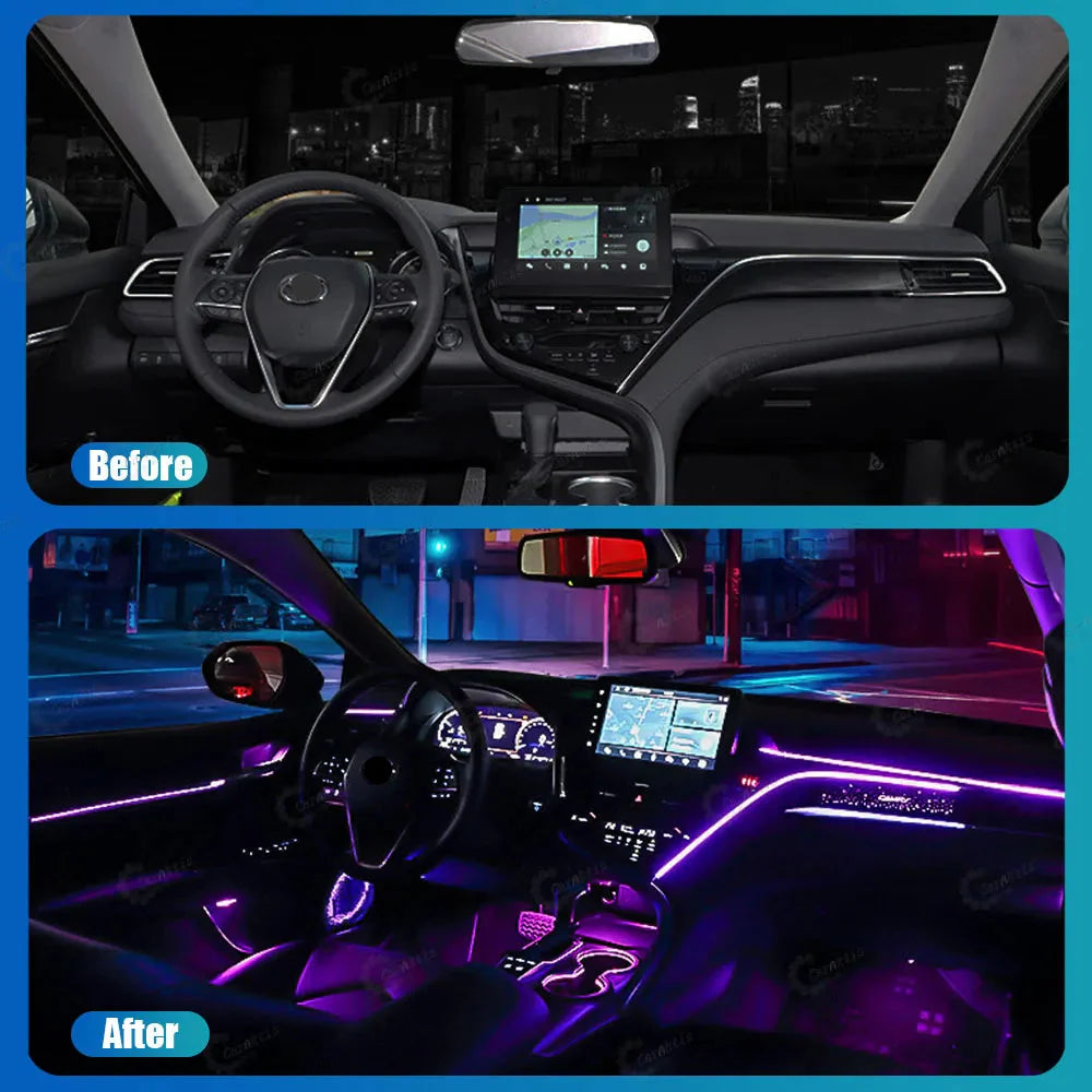 Side-by-side comparison of Toyota Camry stock interior vs. upgraded 64-color ambient lighting.