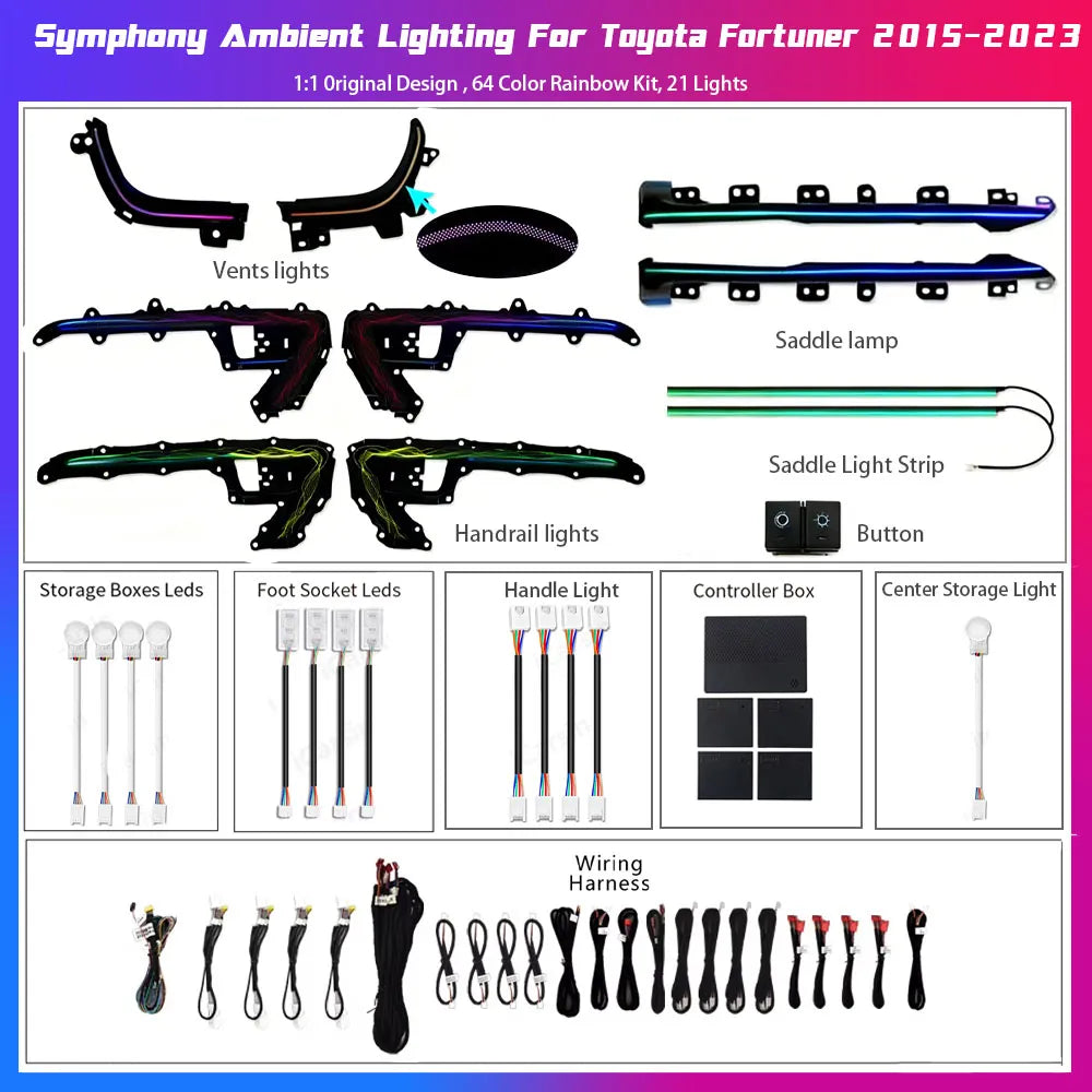 21-LED ribbon style RGB ambient light kit for Toyota Fortuner 2016-2023